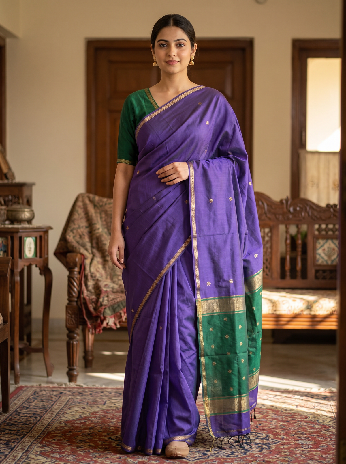 Purple & Bottle Green Handloom Saree