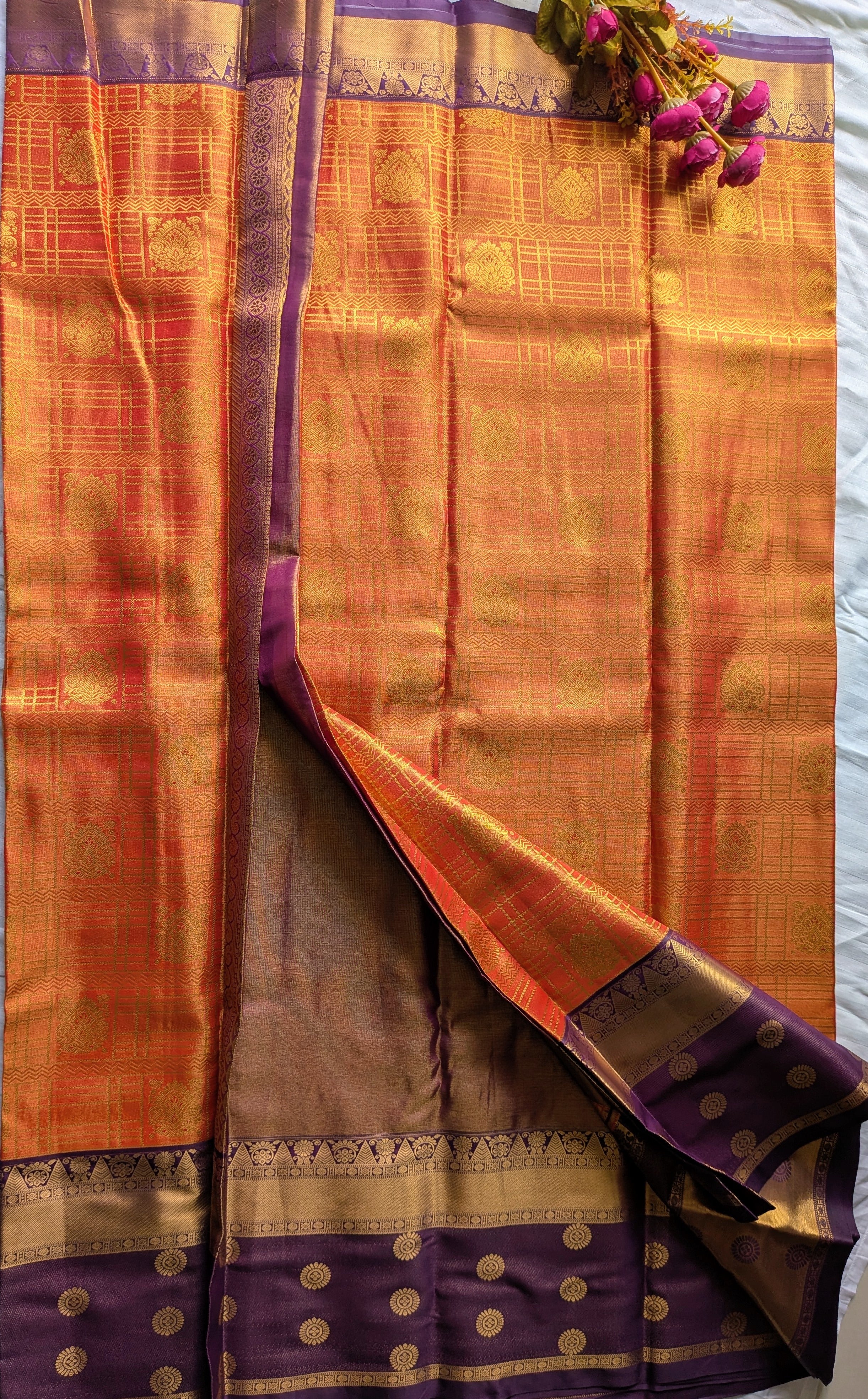 Sunset Glow Kanchi Silk Saree (Orange)