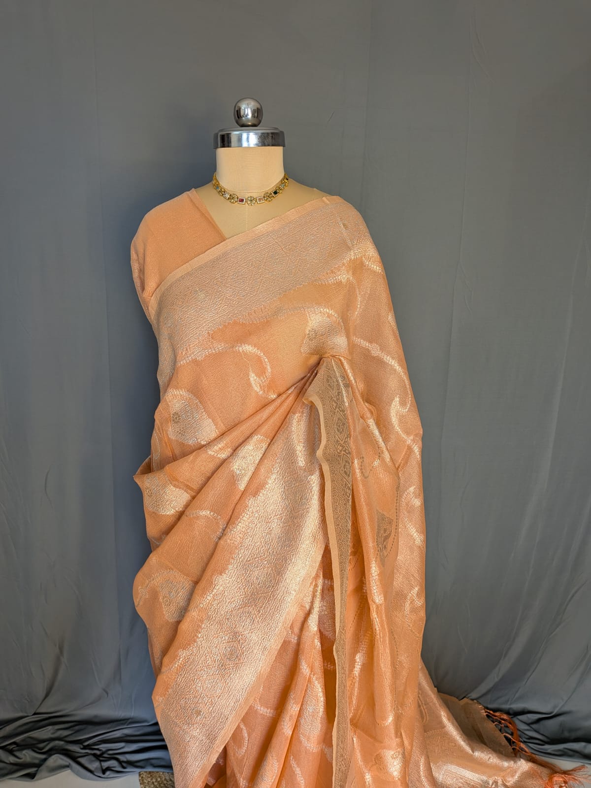 Peach & Antique Gold Zari Tissue Silk Saree