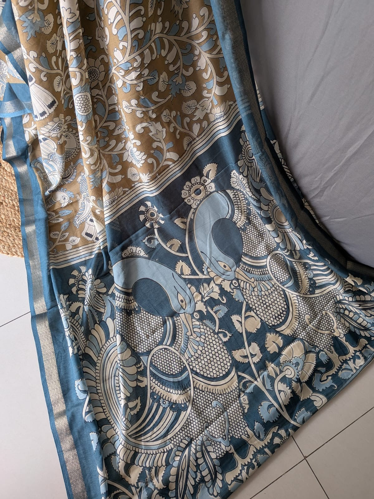 Beige & Teal Blue Kalamkari Saree
