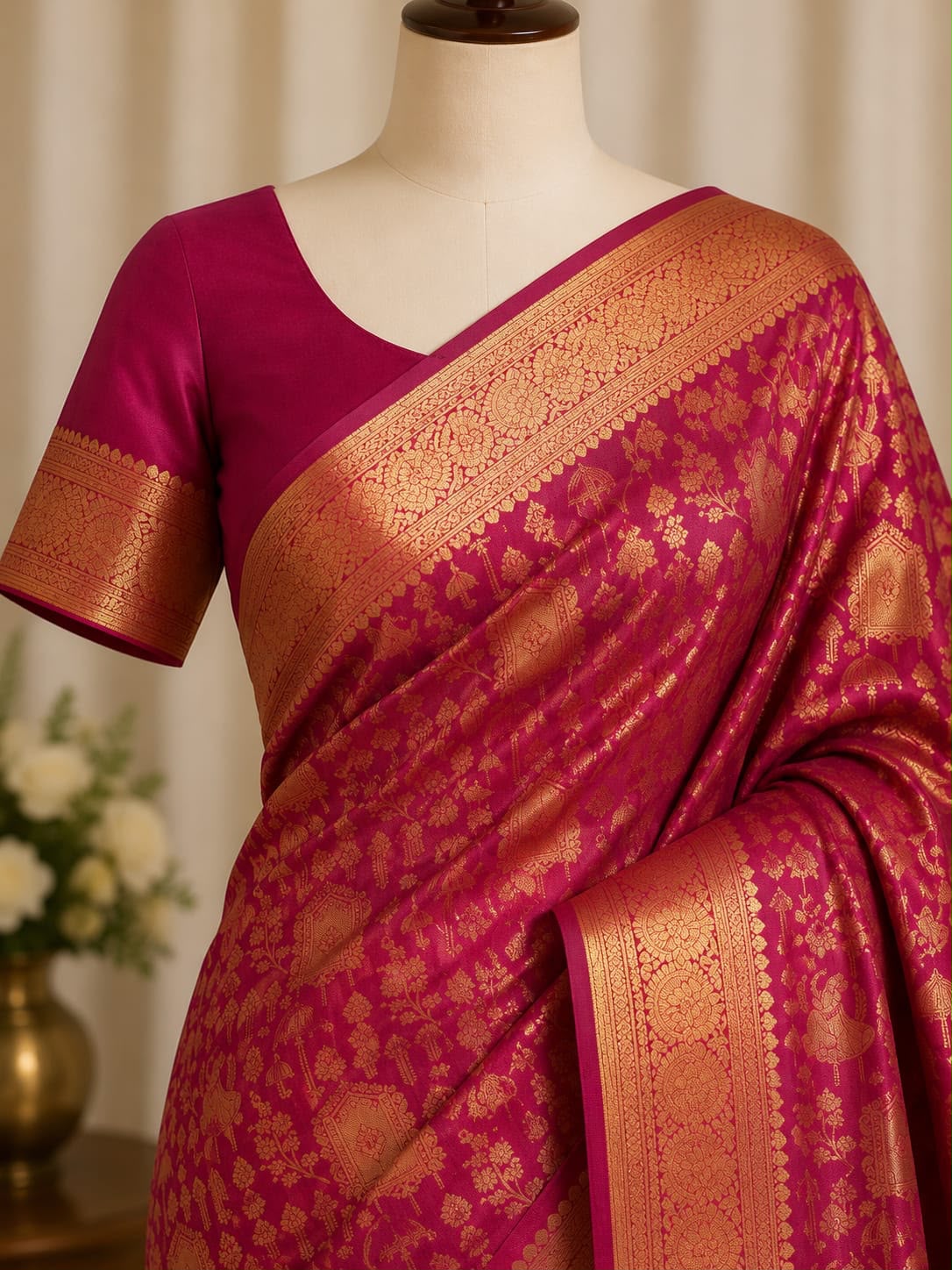 Regal Rangoli Zari Saree - Pink & Gold