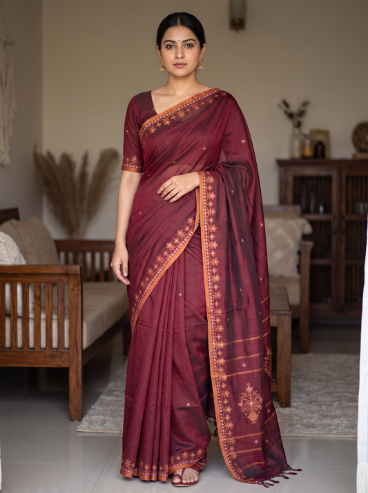 Maroon Floral Linen Cotton Saree