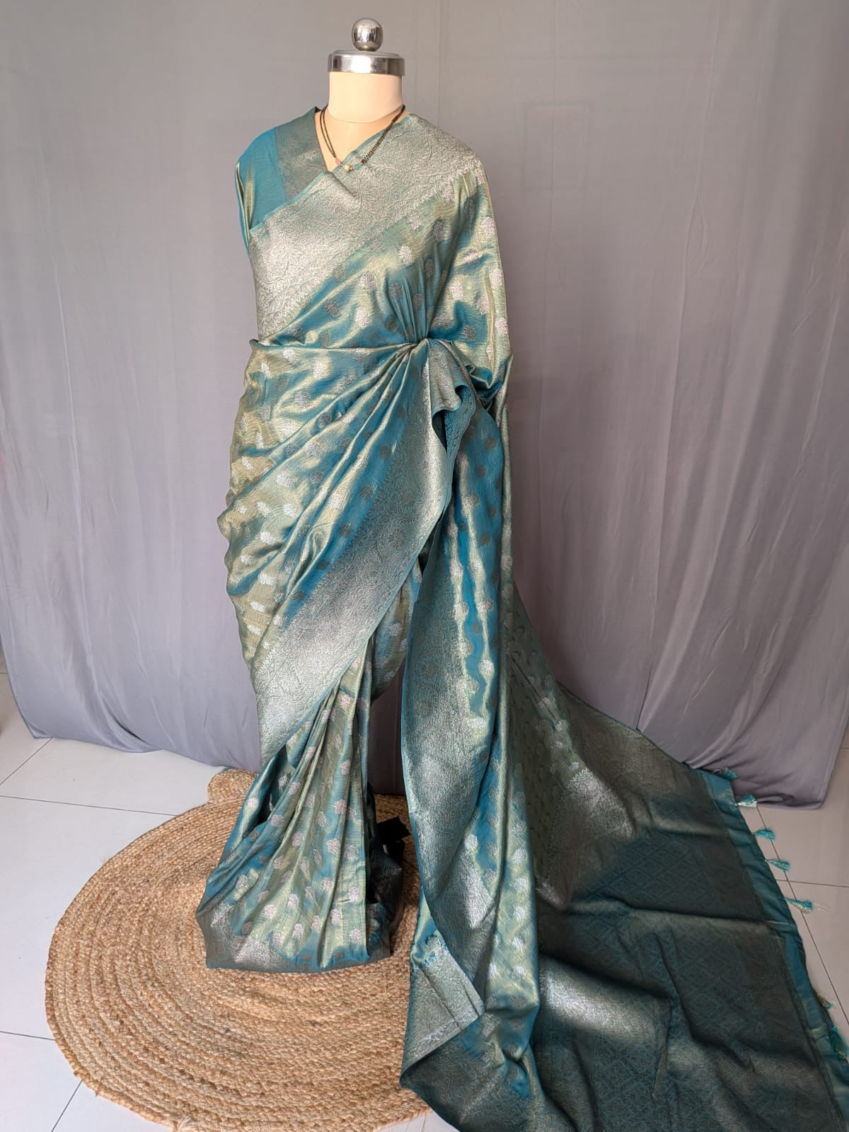 Sea Greenish Blue & Silver Tissue Silk Saree