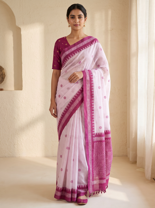 White & Magenta MulCotton Saree