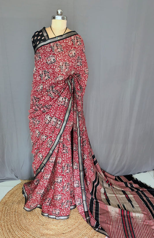 Red & Black Kalamkari Printed Mirror Saree