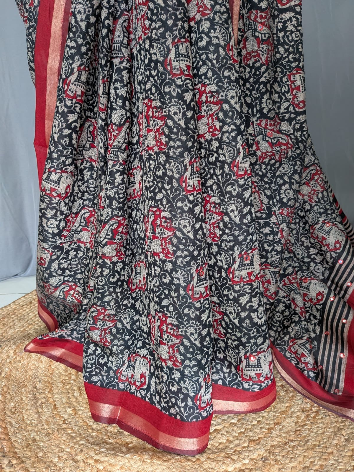 Black & Red Kalamkari Printed Mirror Saree