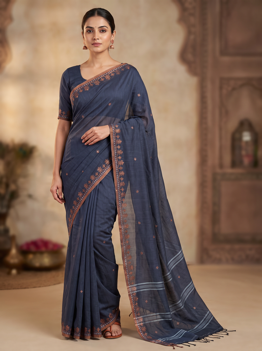 Grey Floral Linen Cotton Saree