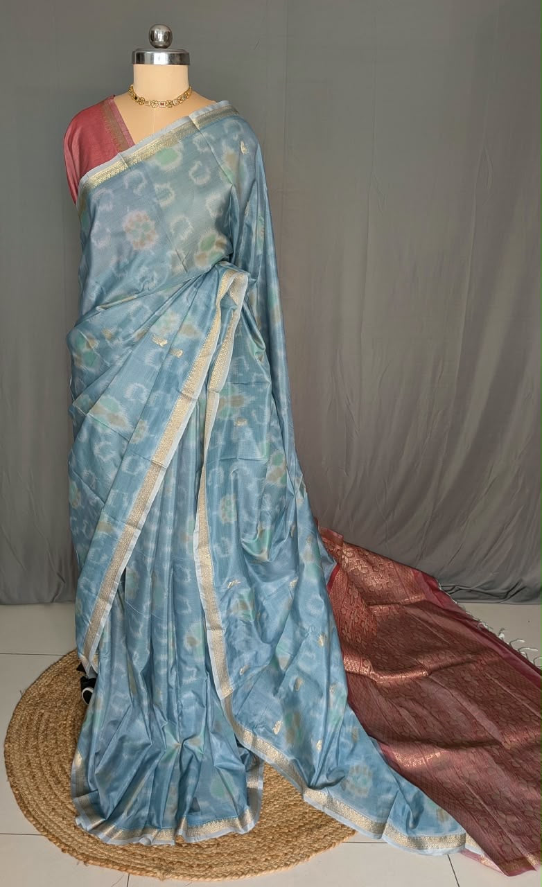 Powder Blue & Rose Gold Woven Silk Saree