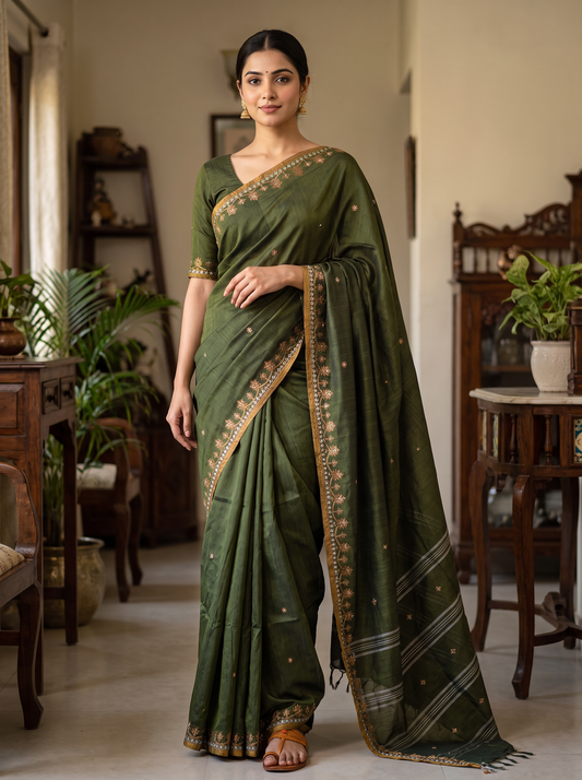 Green Floral Linen Cotton Saree
