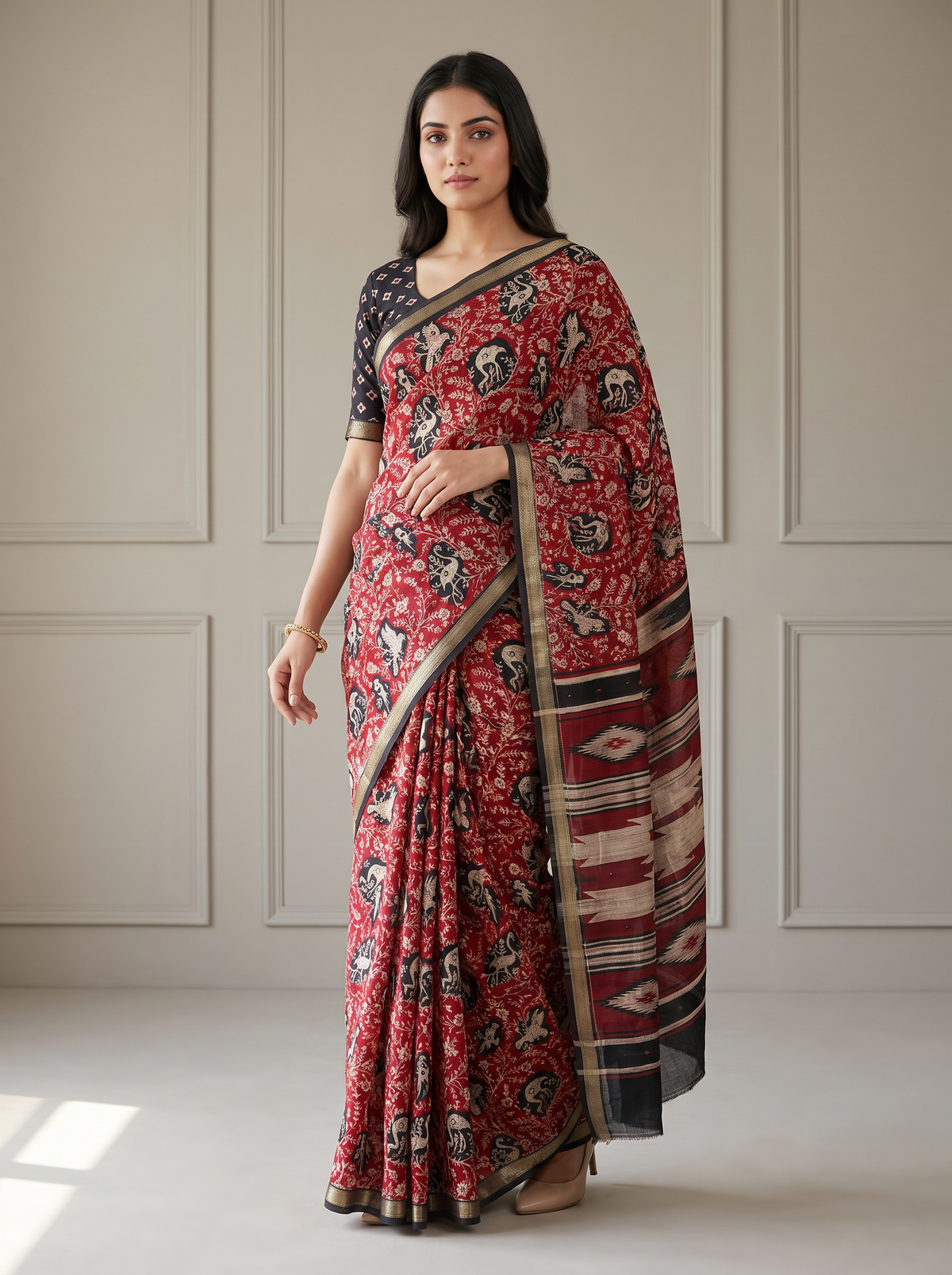Red & Black Floral Printed Mirror Saree