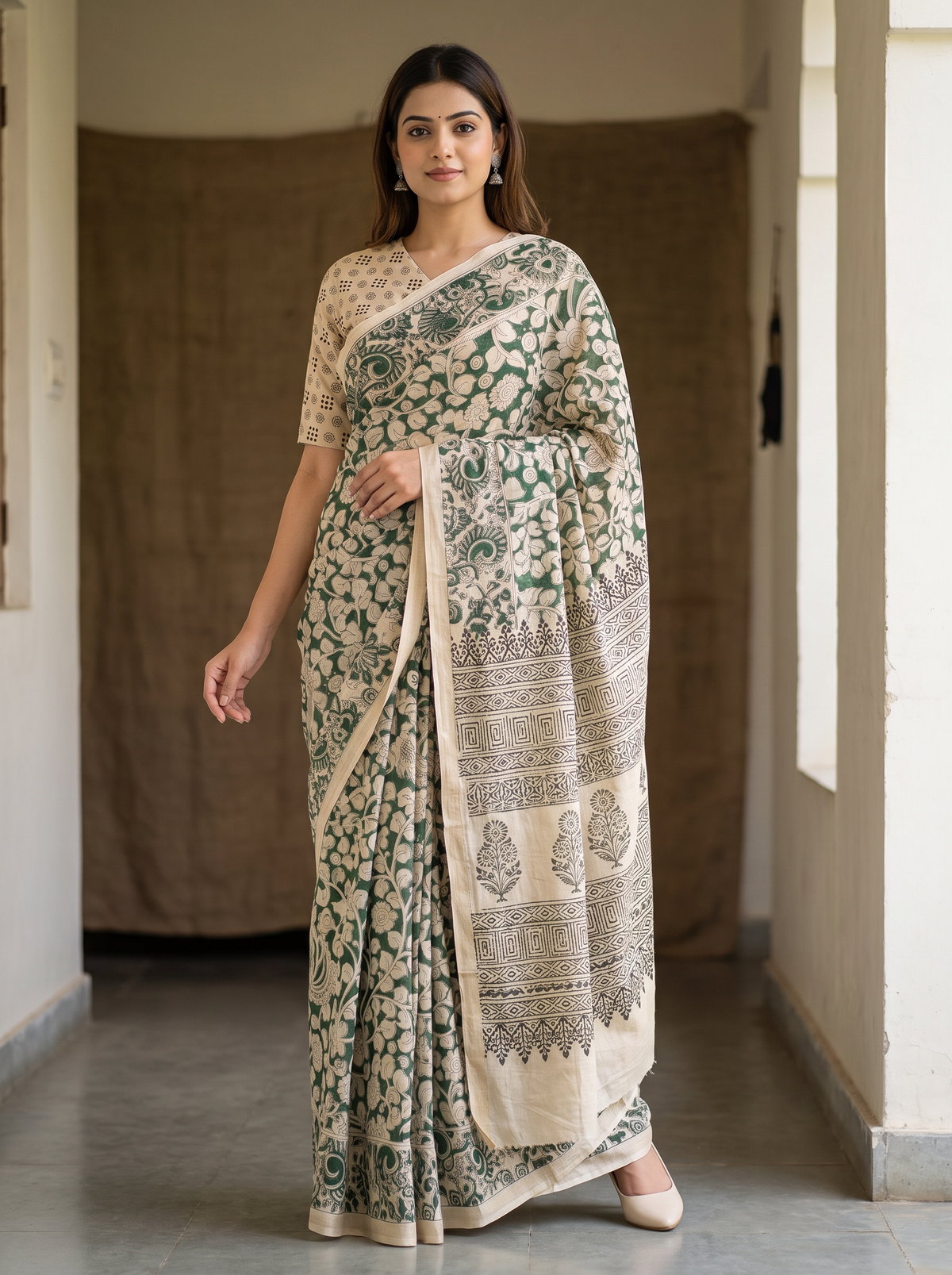 Green & Beige Kalamkari Printed Saree