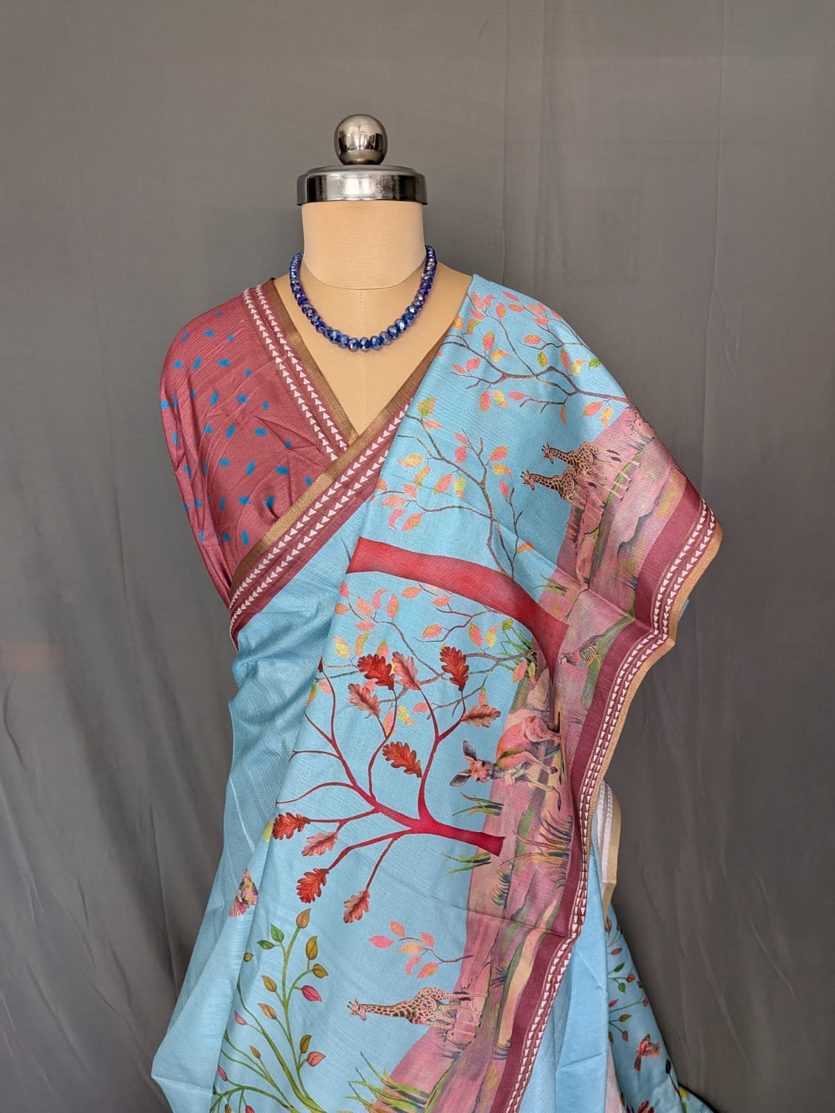 Sky Blue Floral & Bird Print Silk Saree