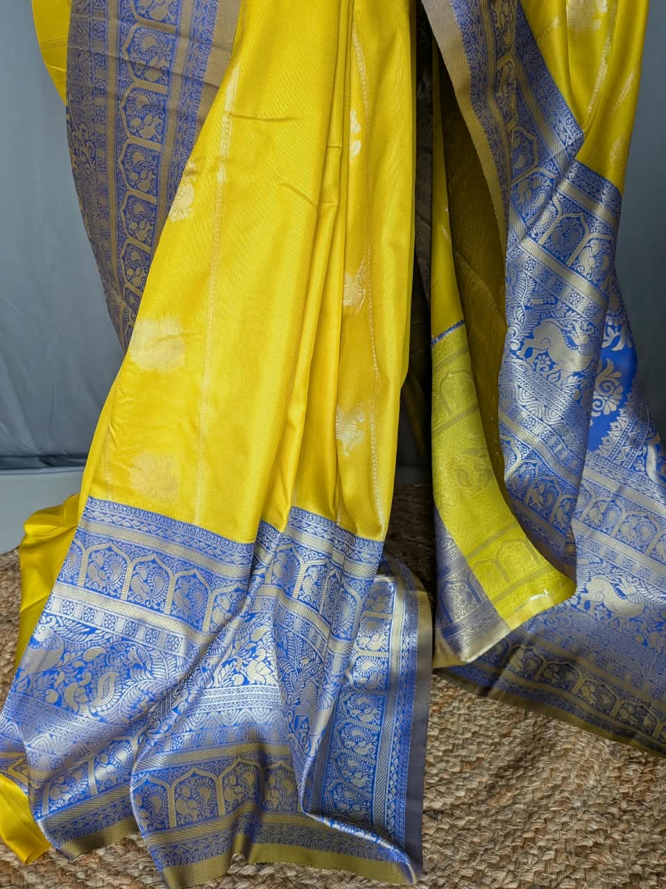 Mustard Yellow & Royal Blue Silk Saree