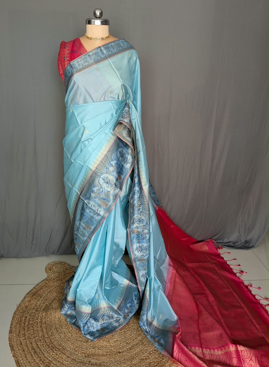 Sky Blue & Pink Jacquard Silk Saree