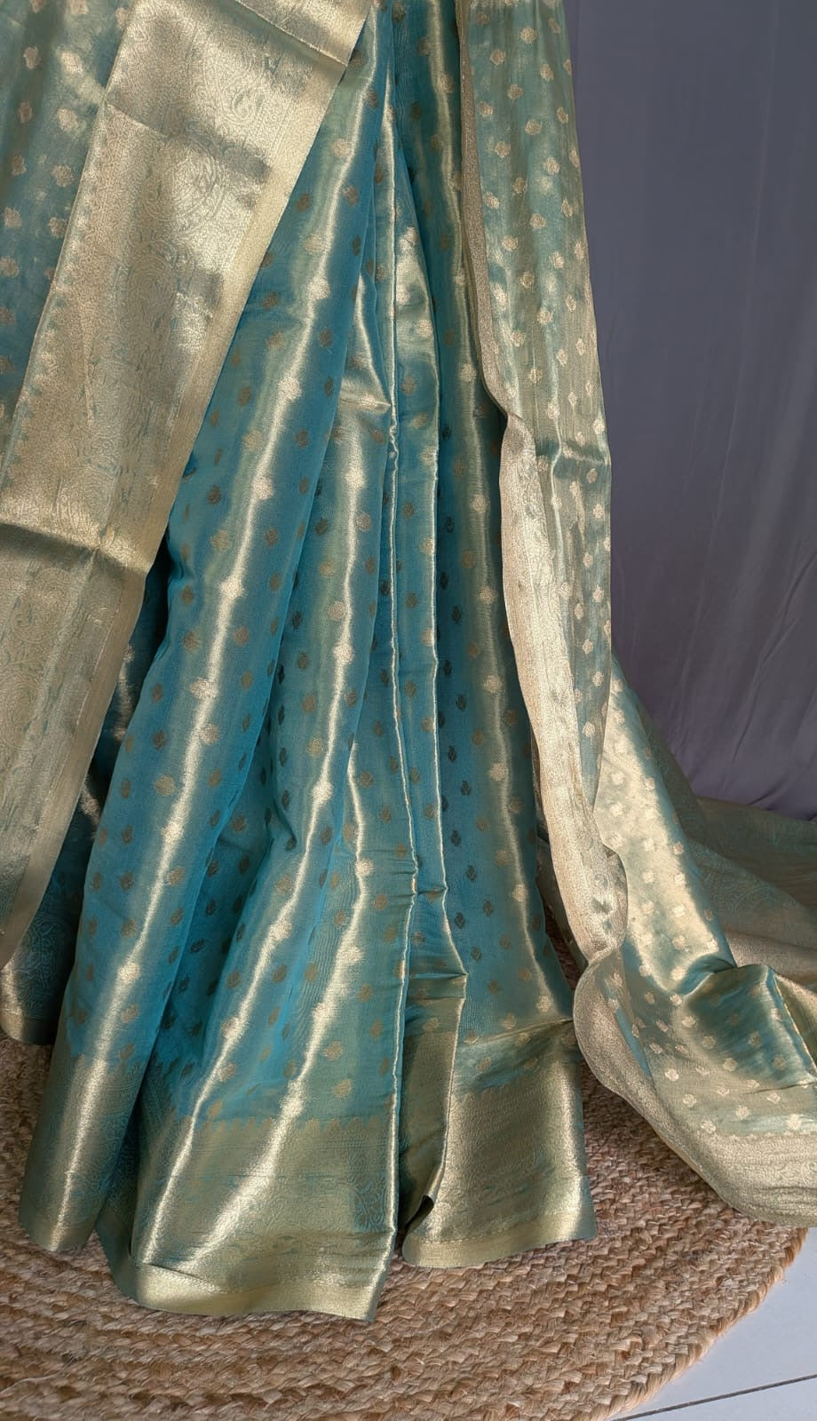 Teal Blue & Antique Gold Tissue Saree