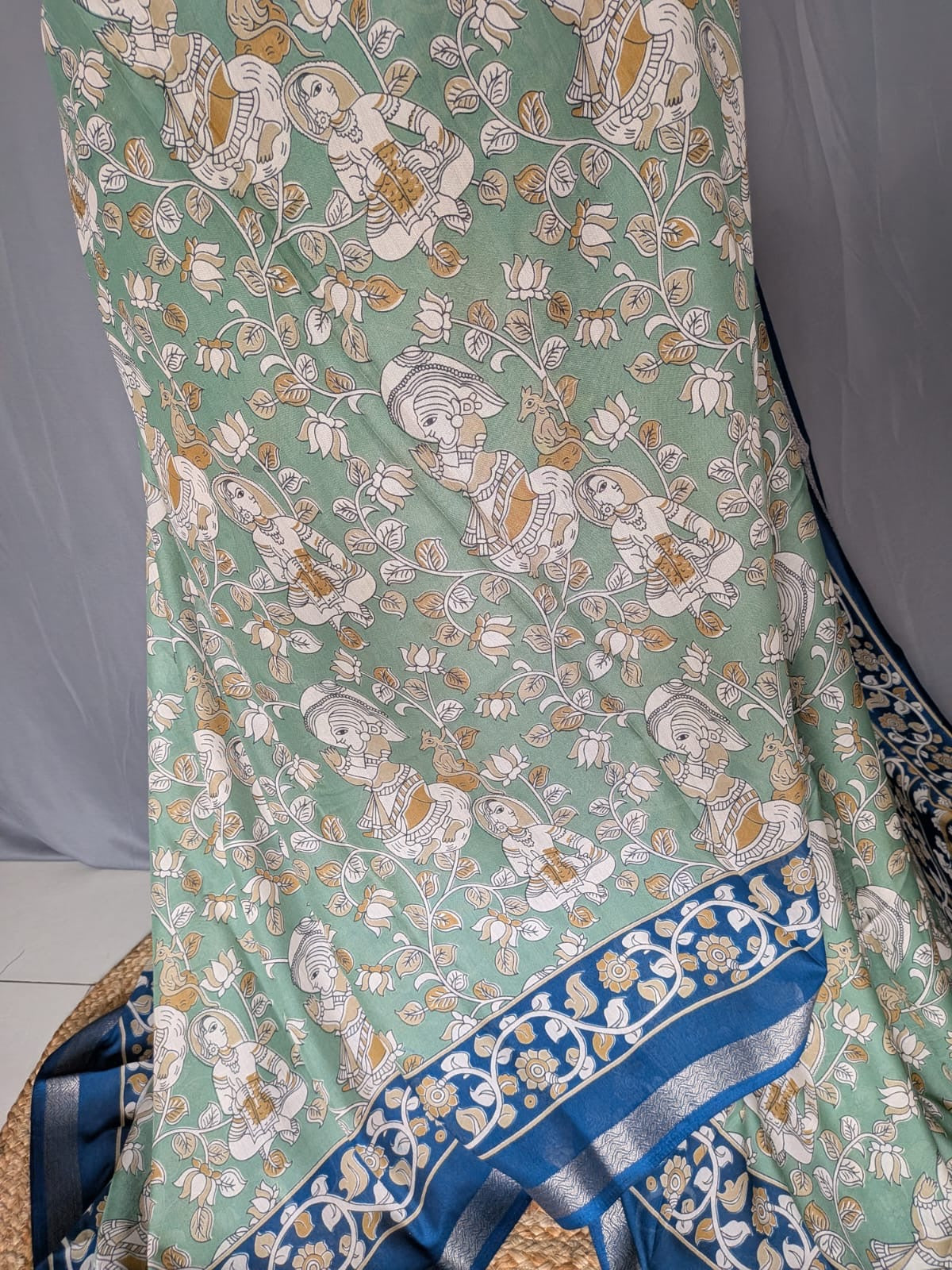 Sea Green & Navy Blue Kalamkari Saree