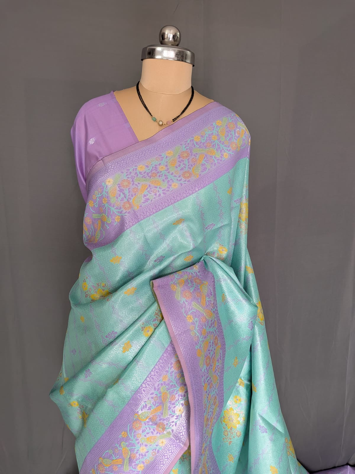 Mint Green & Lavender Floral Jacquard Saree