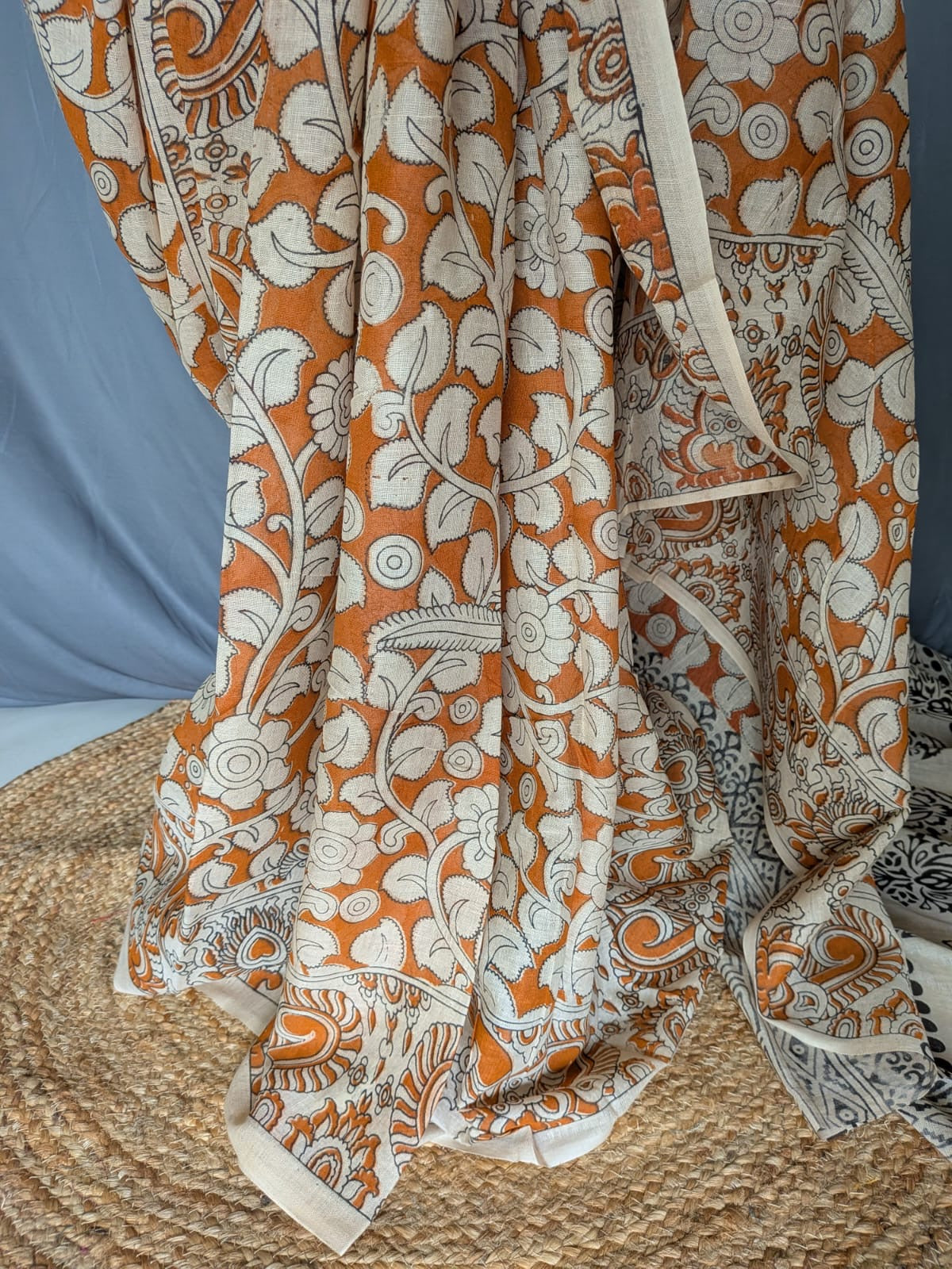 Rust Orange & Beige Kalamkari Printed Saree