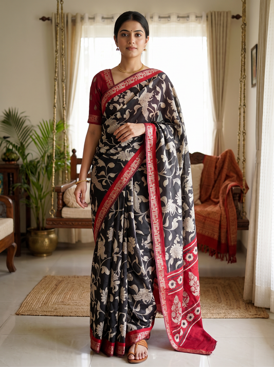 Black Kalamkari Print Saree