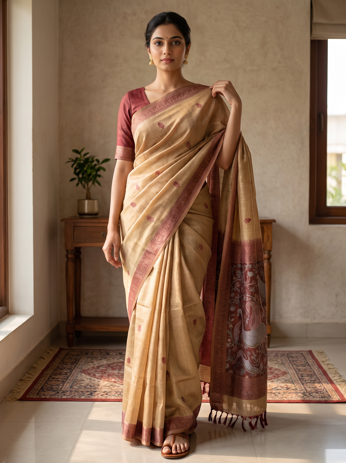 Sandal Gold Linen Jamdani Saree (Golden Hour)