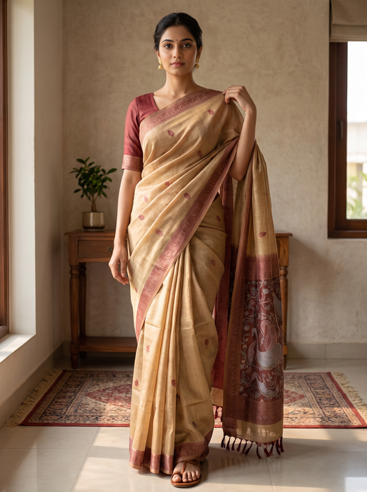 Sandal Gold Linen Jamdani Saree (Golden Hour)
