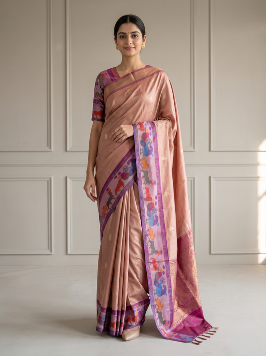 Blush Pink & Multicolour Silk Saree