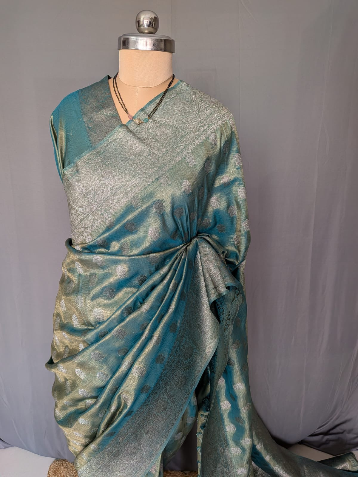 Sea Greenish Blue & Silver Tissue Silk Saree