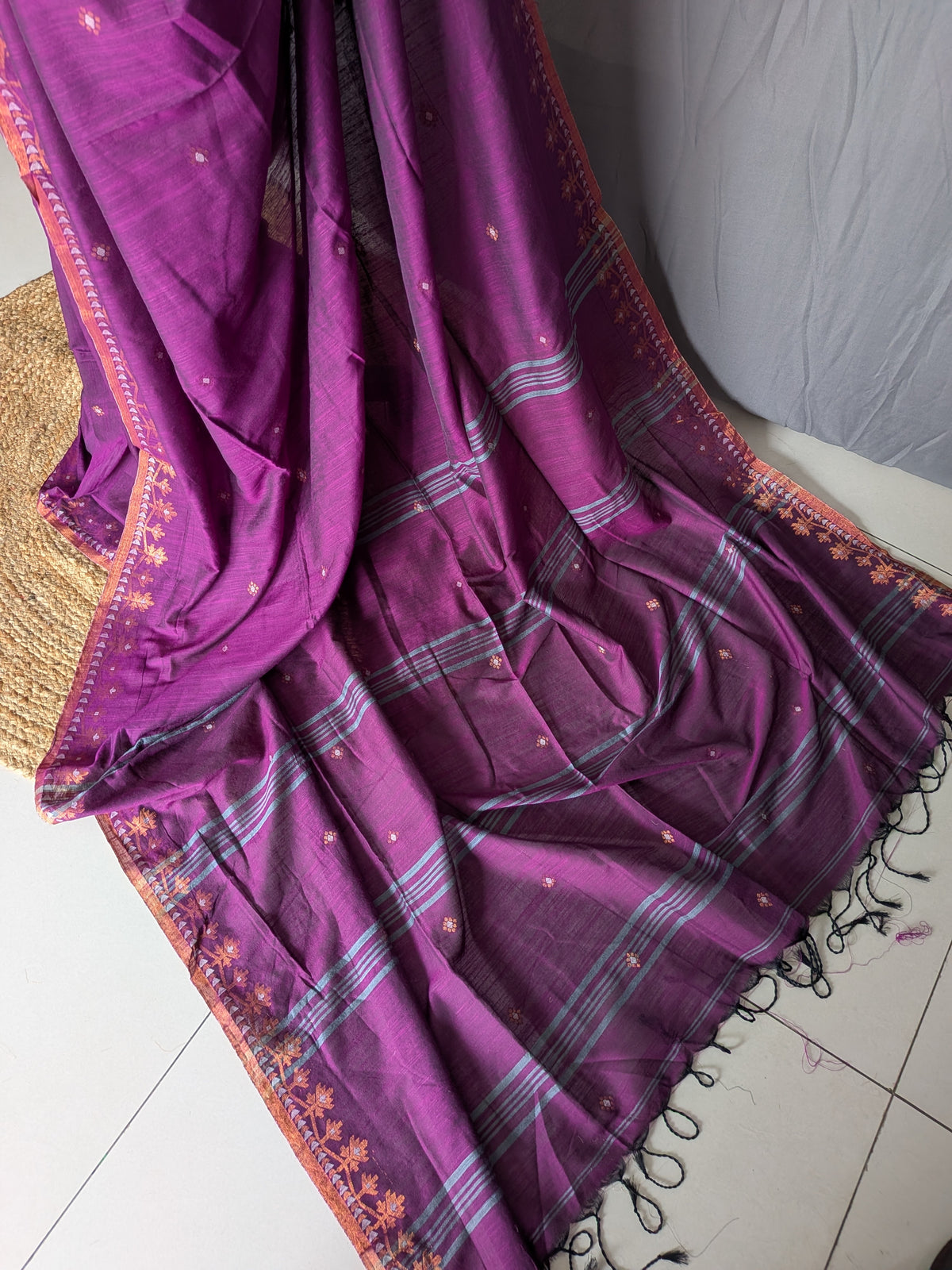 Deep Magenta Floral Linen Cotton Saree