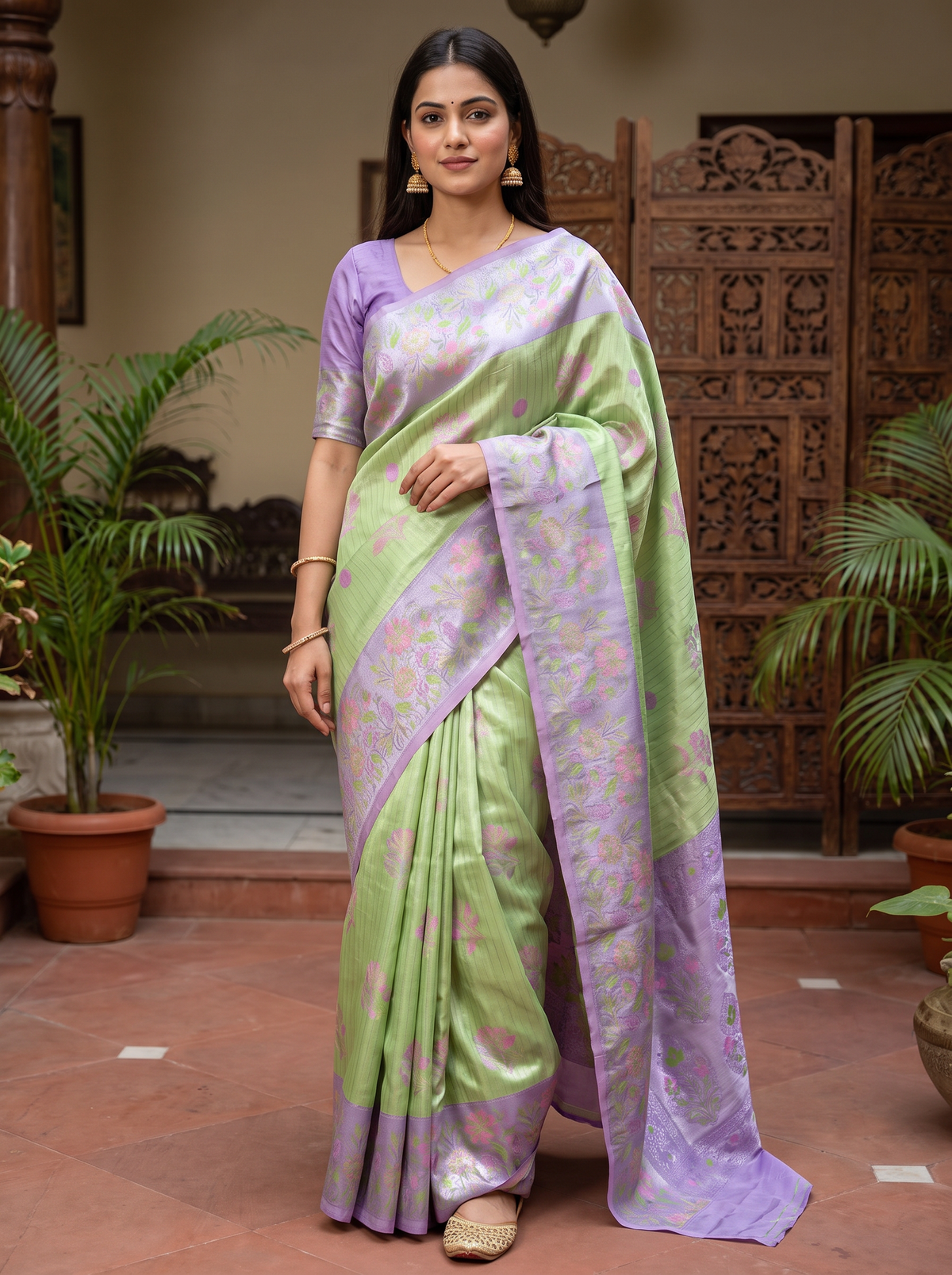 Pista Green & Lavender Floral Jacquard Saree