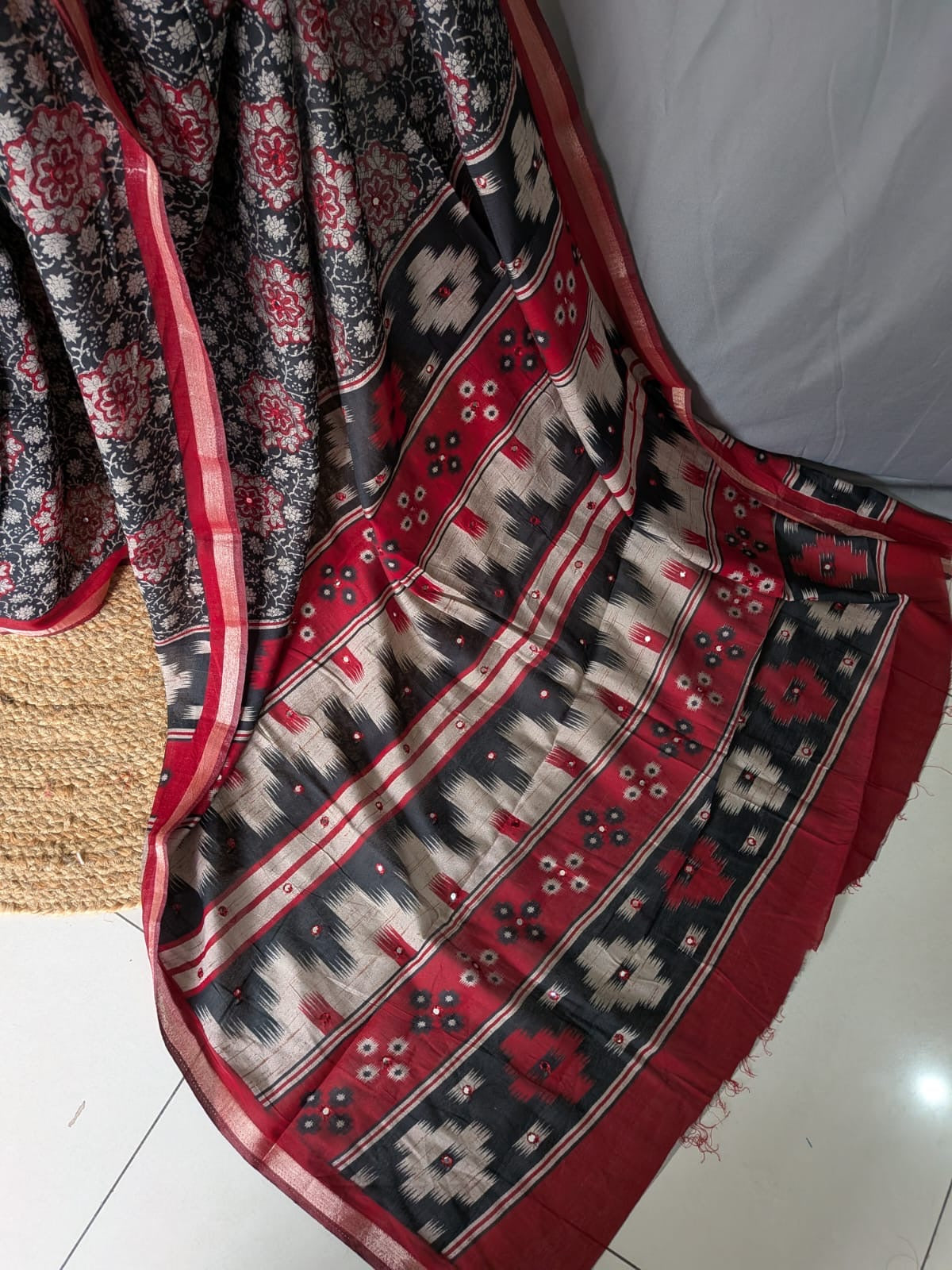 Black & Red Floral Printed Mirror Saree