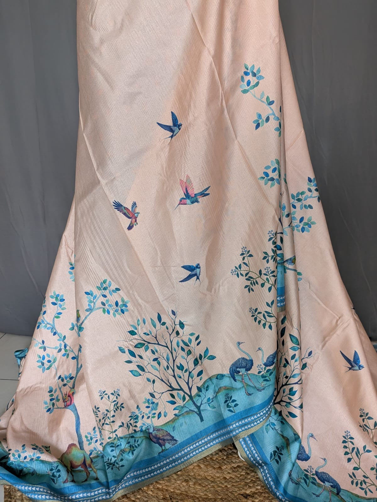 Peach & Blue Printed Saree