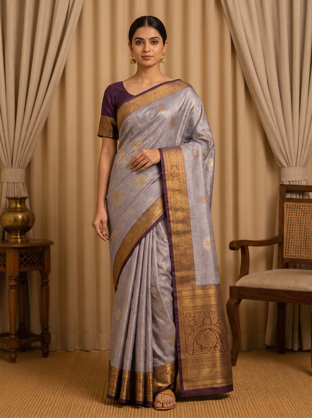 Silver Grey & Wine Kanchipuram Silk Blend