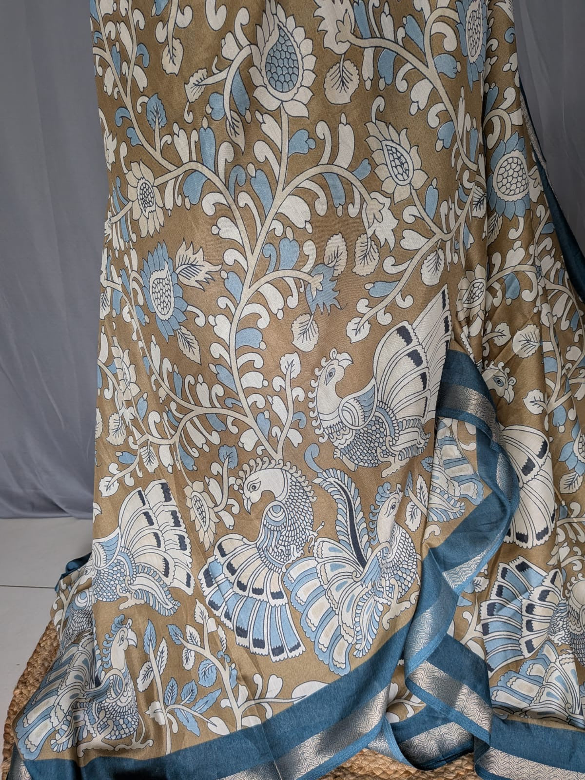 Beige & Teal Blue Kalamkari Saree
