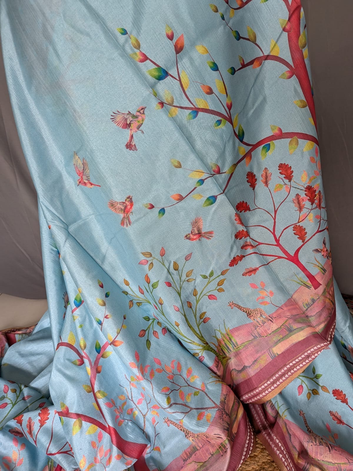 Sky Blue Floral & Bird Print Silk Saree
