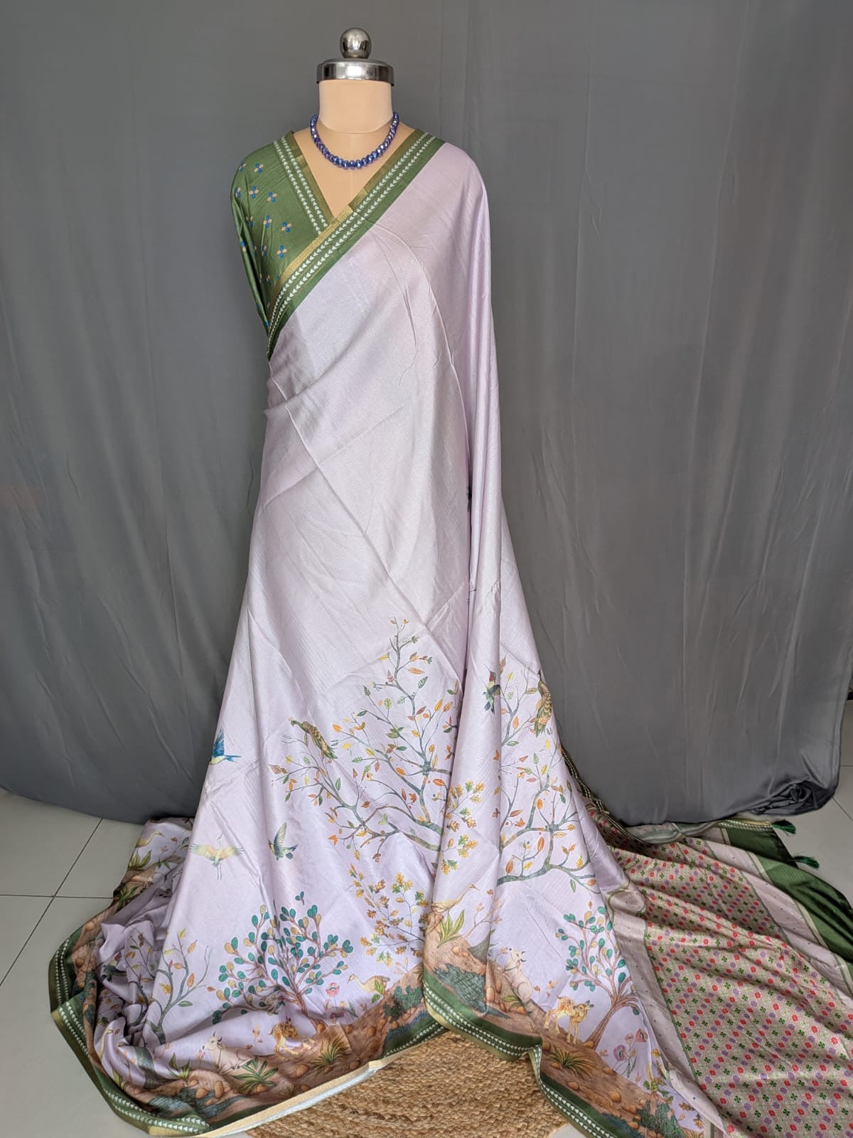 Lavender Green Floral & Bird Print Silk Saree