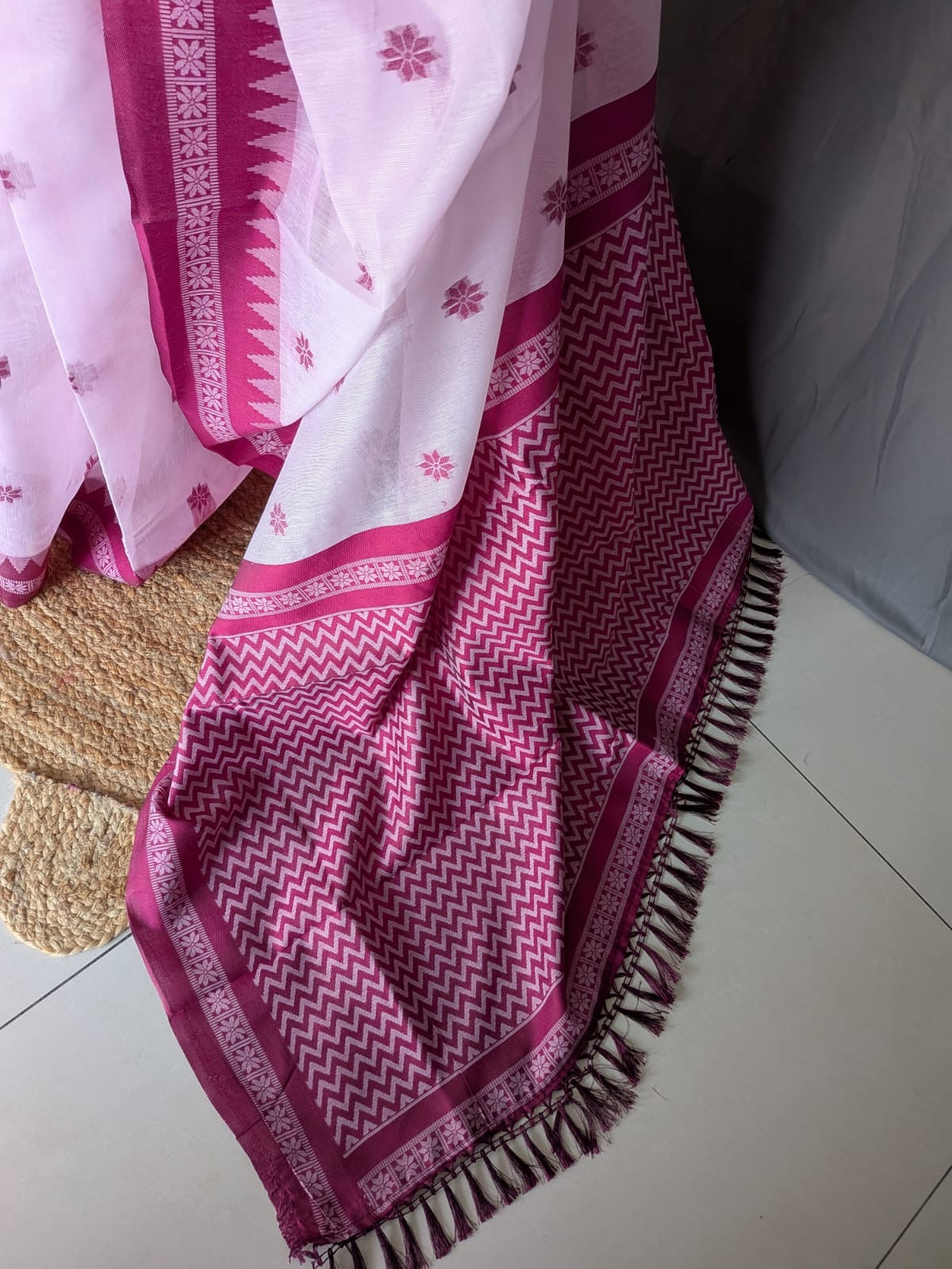 White & Magenta MulCotton Saree