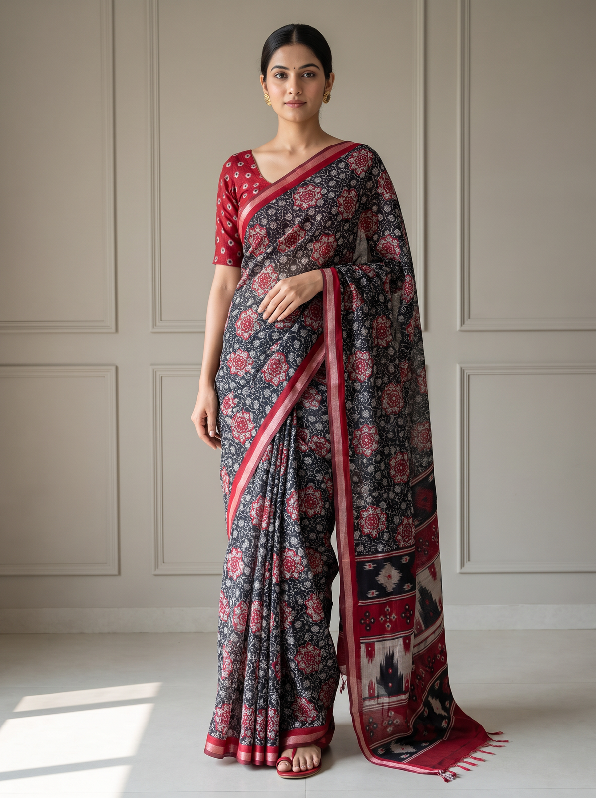 Black & Red Floral Printed Mirror Saree