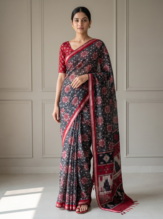 Black & Red Floral Printed Mirror Saree