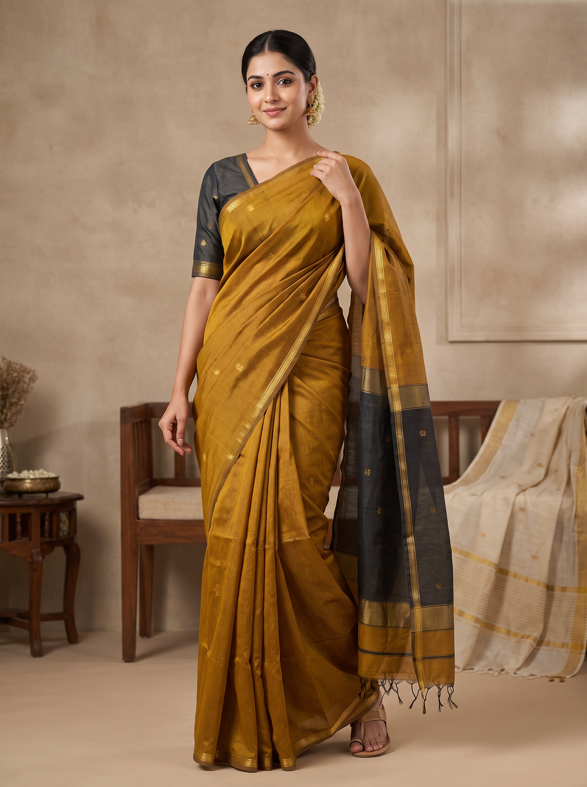 Mustard Yellow & Black Handloom Saree