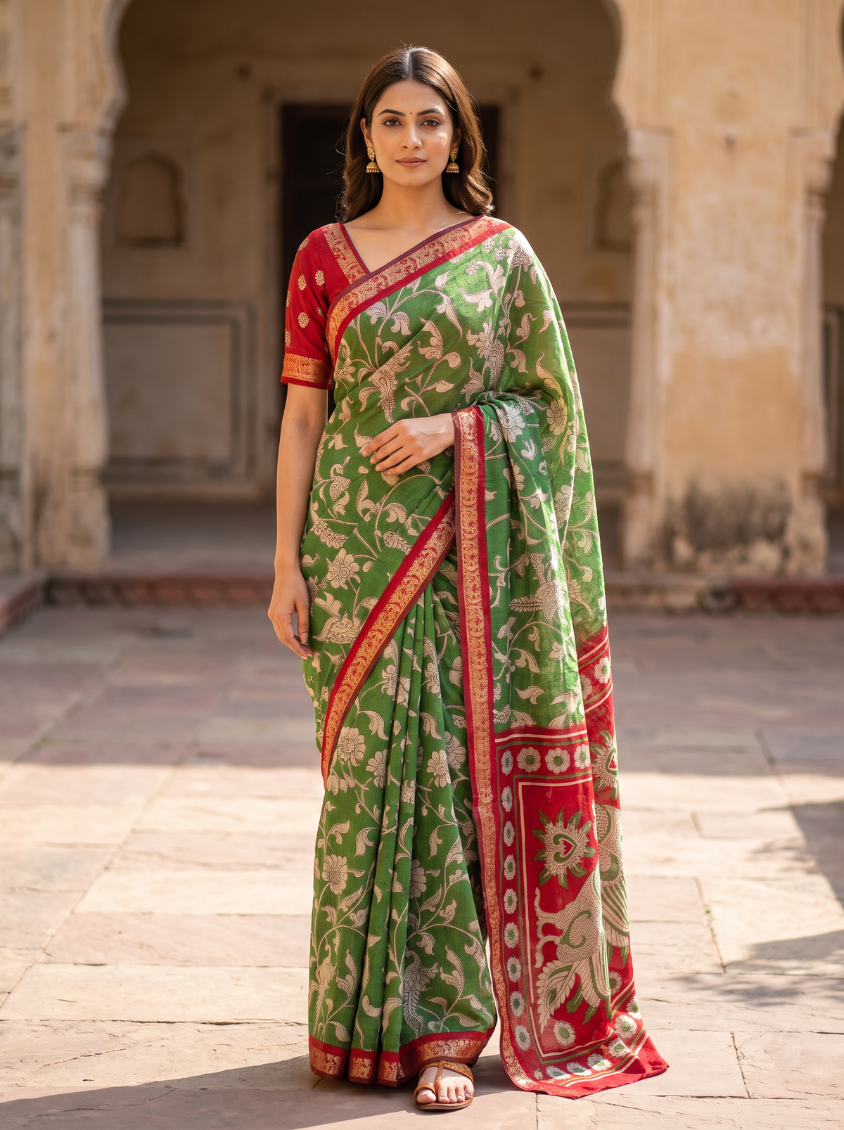 Green Kalamkari Print Saree