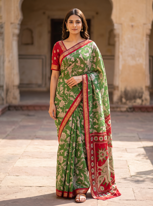 Green Kalamkari Print Saree