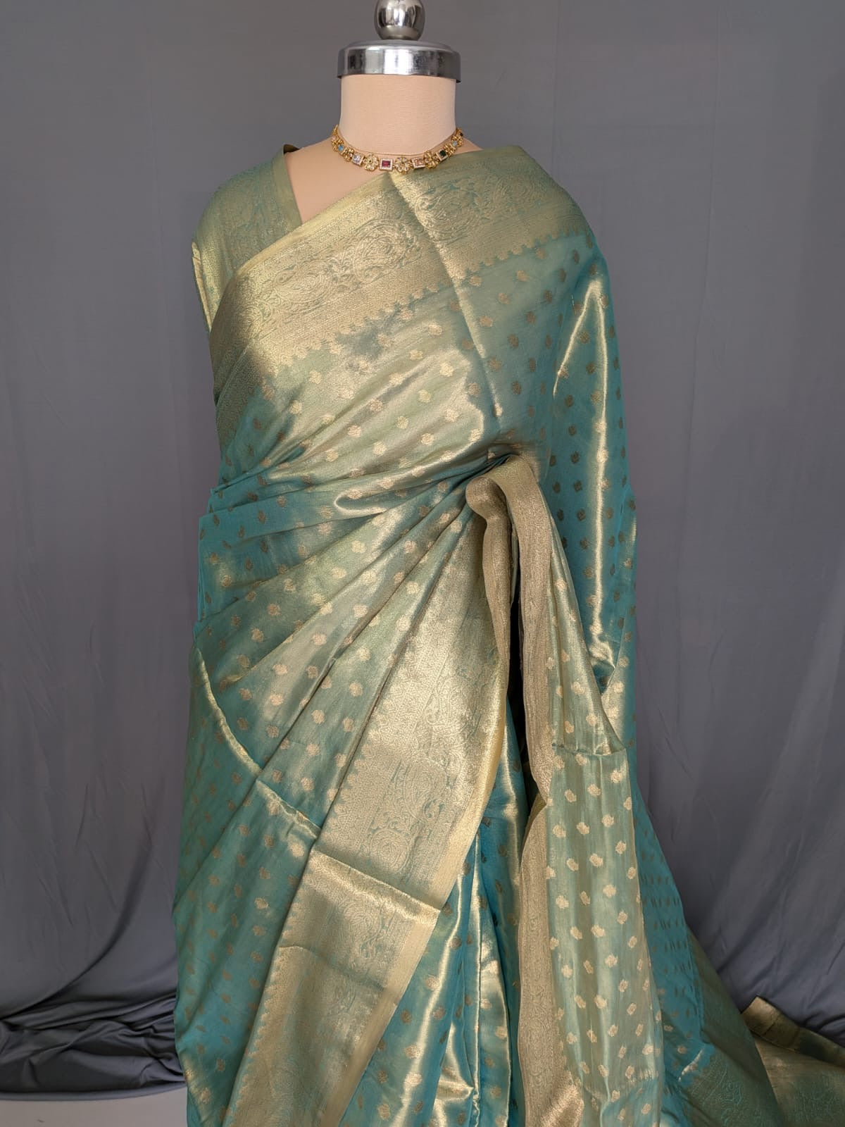Teal Blue & Antique Gold Tissue Saree