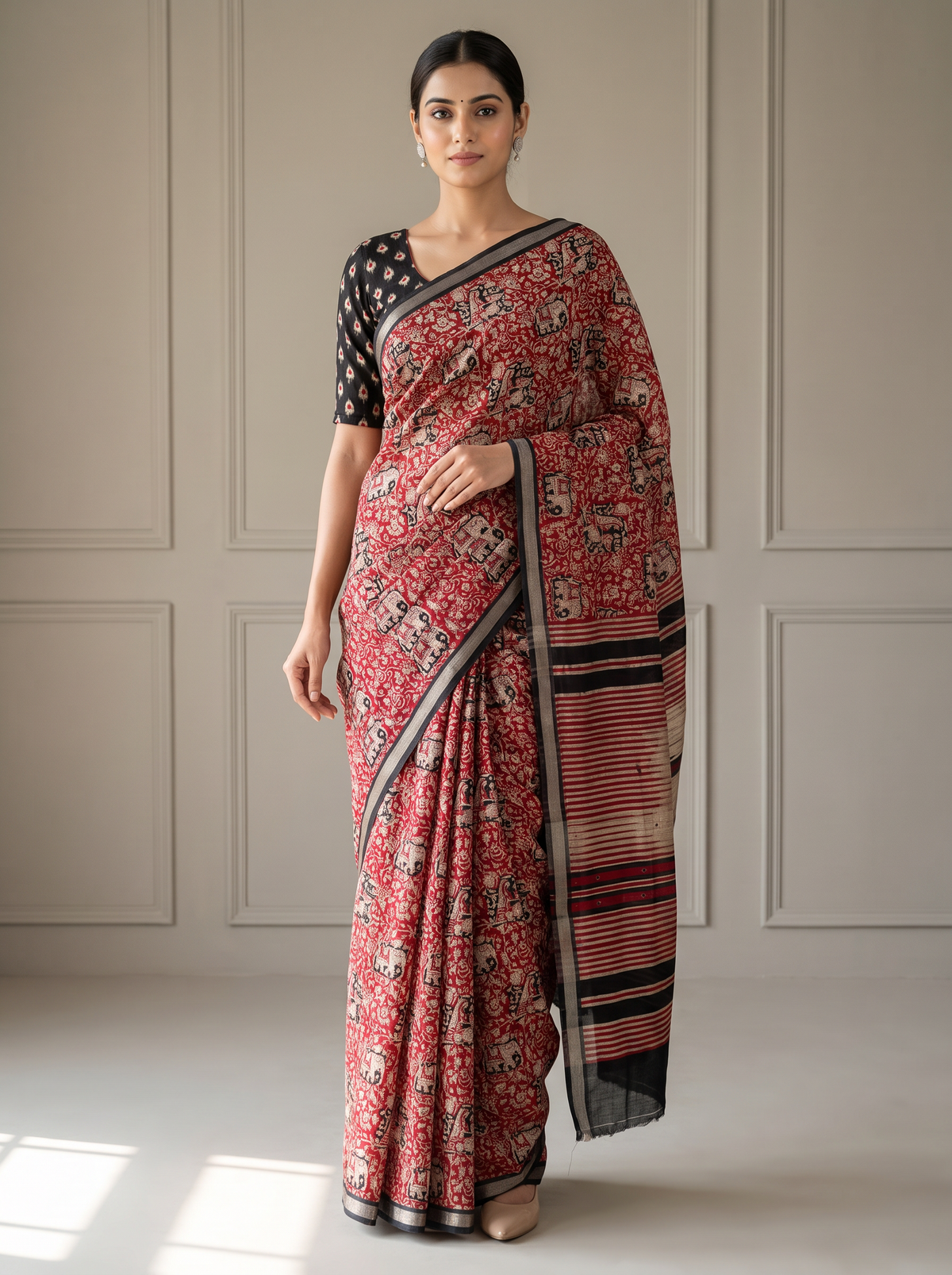 Red & Black Kalamkari Printed Mirror Saree