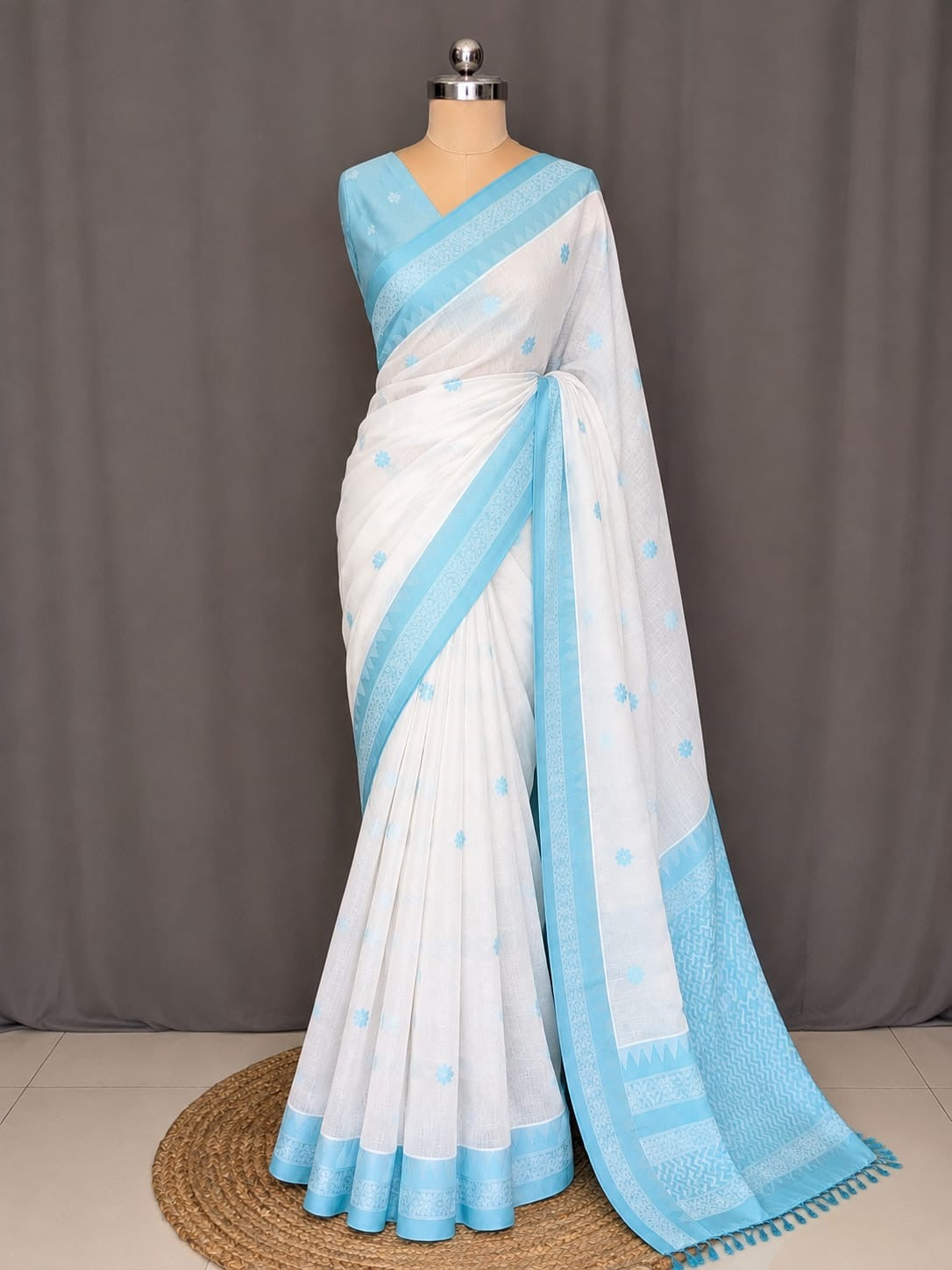White & Sky Blue MulCotton Saree