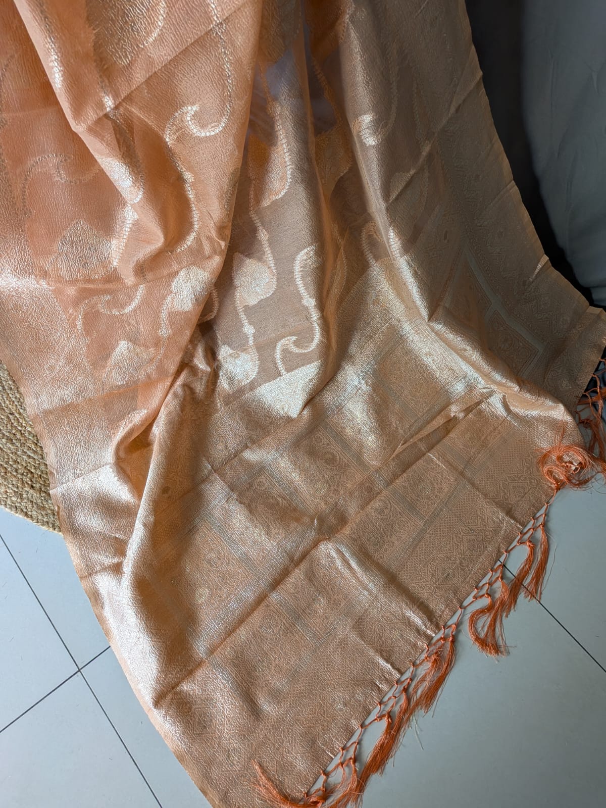 Peach & Antique Gold Zari Tissue Silk Saree