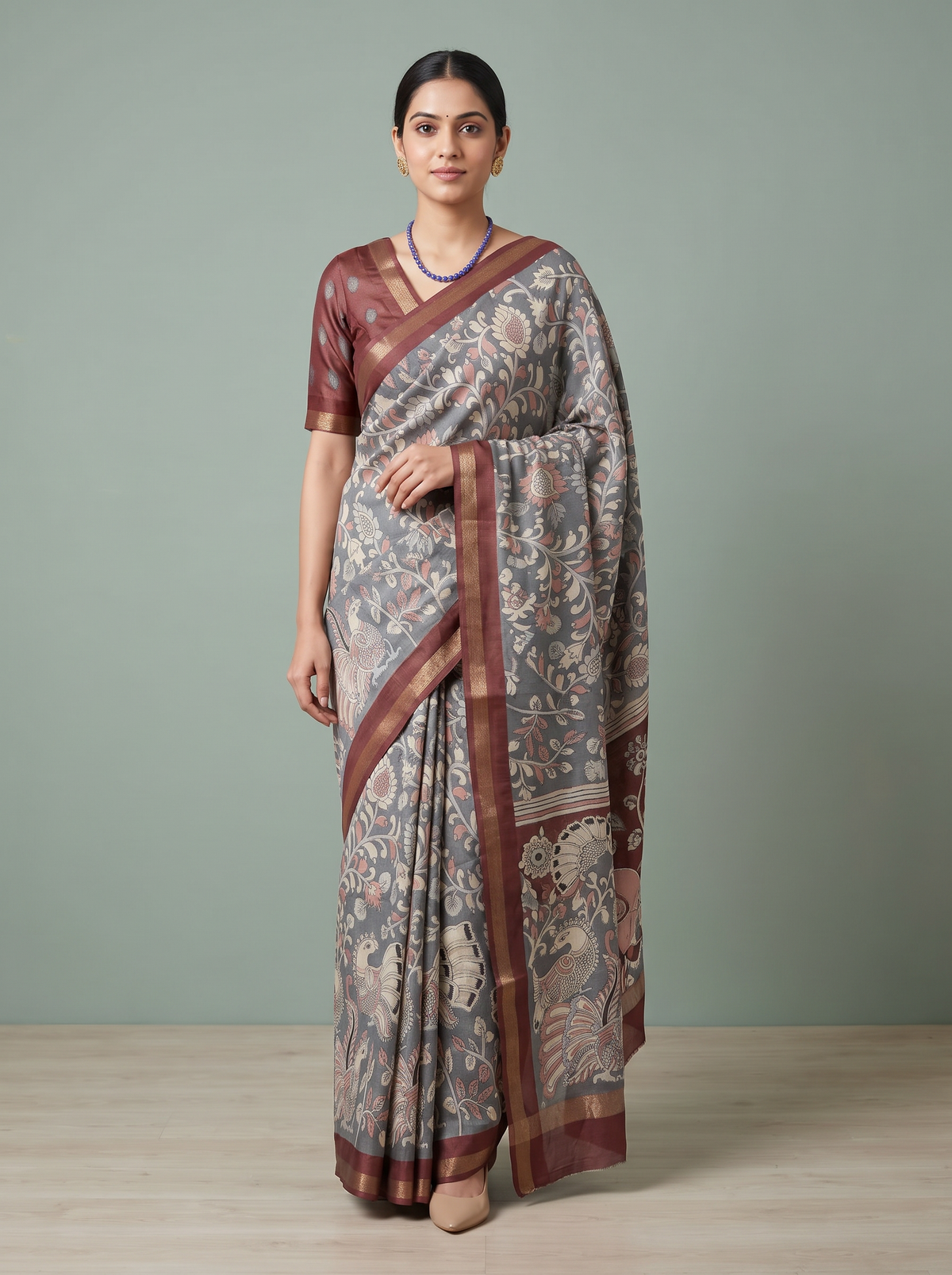 Grey & Maroon Kalamkari Saree