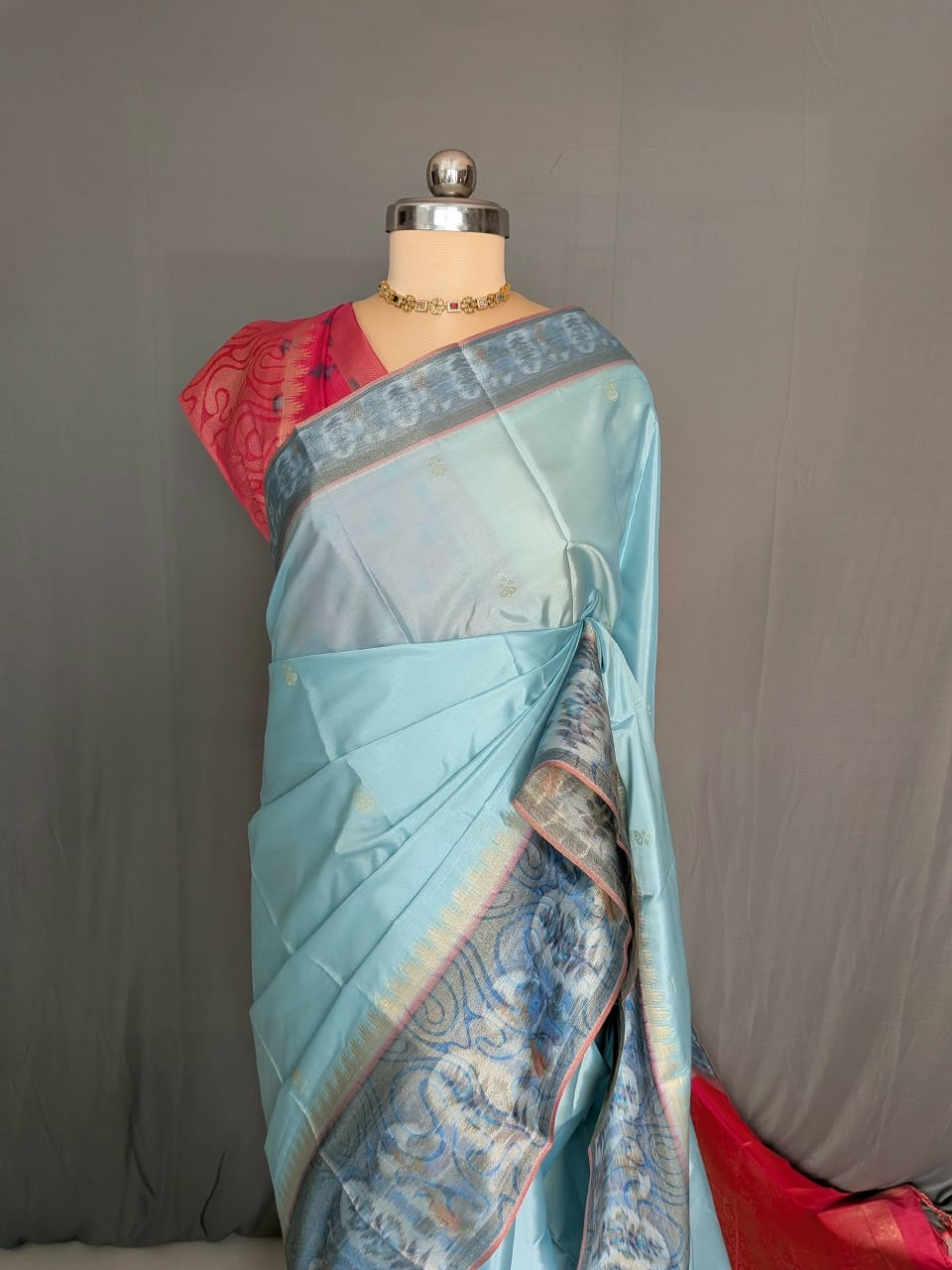 Sky Blue & Pink Jacquard Silk Saree