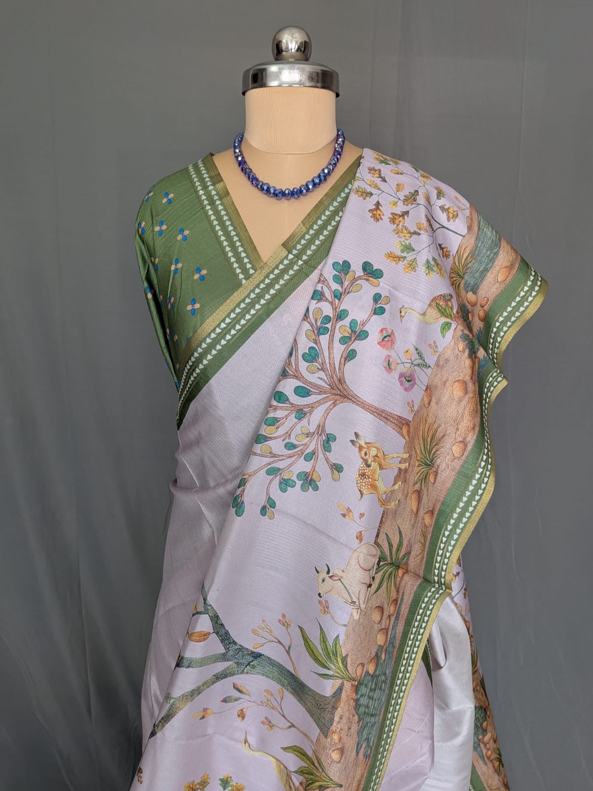 Lavender Green Floral & Bird Print Silk Saree