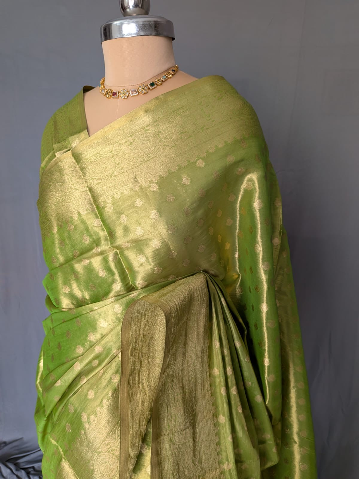 Green & Antique Gold Tissue Saree