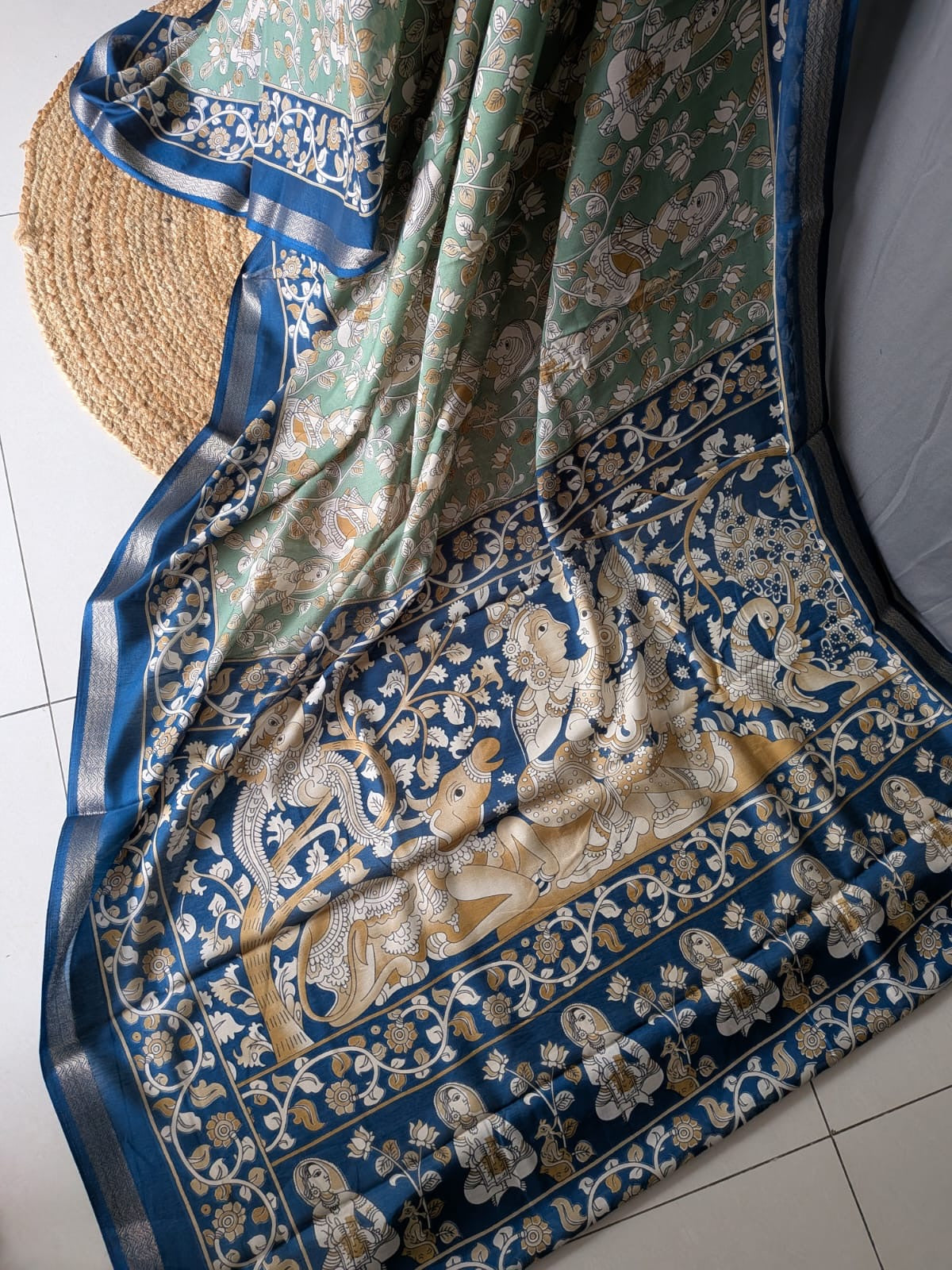 Sea Green & Navy Blue Kalamkari Saree